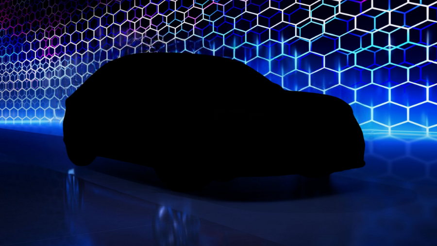 dark car silhouette on a blue hexagonal stylized digital background